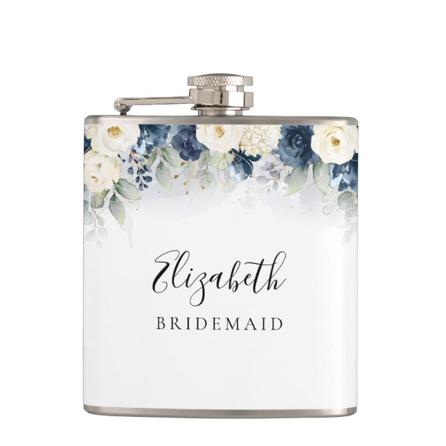 Navy Blue and White Roses Bridal Shower Flask (Front)