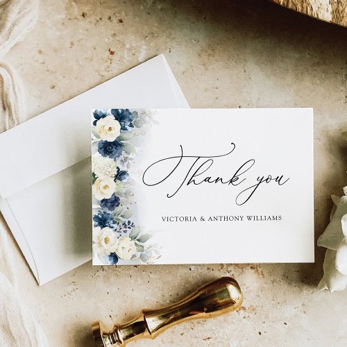 Navy Blue and White Roses Bridal Shower Flat Thank You Card