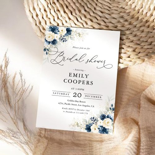 Navy Blue and White Roses Bridal Shower Invitation
