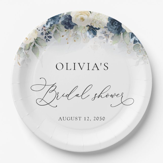 Navy Blue and White Roses Bridal Shower Paper Plates (Front)