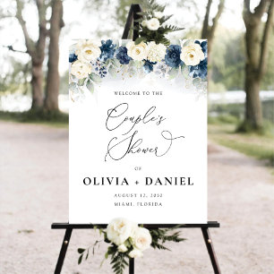 Navy Blue and White Roses Couple Shower Foam Board