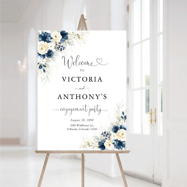 Navy Blue and White Roses Engagement Party Foam Board (Creator Uploaded)