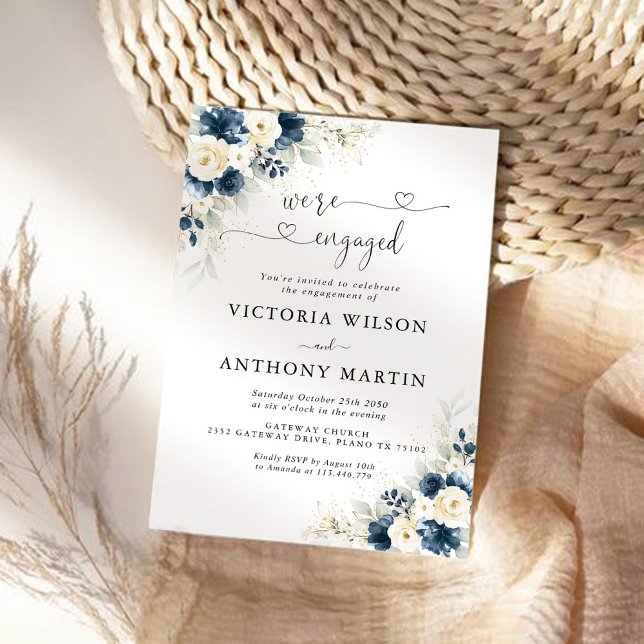 Navy Blue and White Roses Engagement Party Invitation (Creator Uploaded)