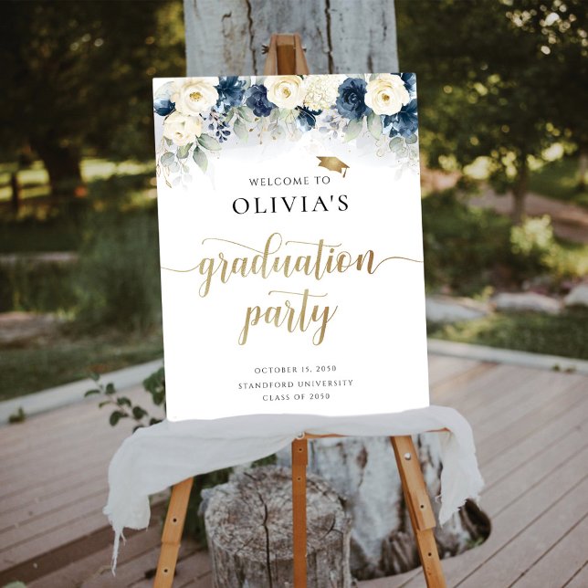 Navy Blue and White Roses Graduation Party Foam Board (Creator Uploaded)