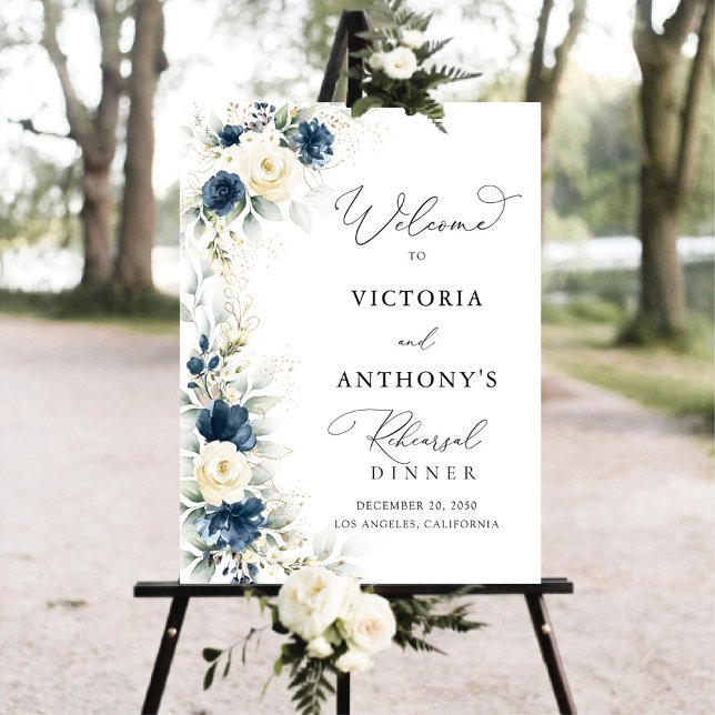 Navy Blue and White Roses Rehearsal Dinner Foam Board (Creator Uploaded)