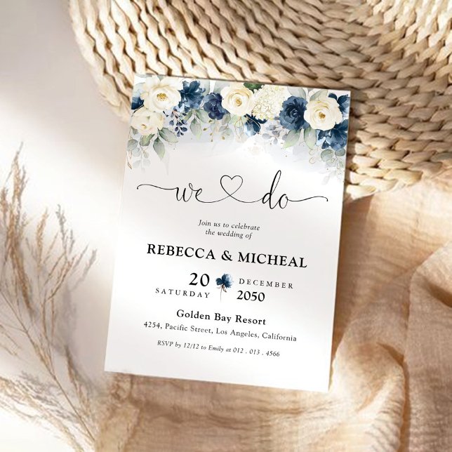Navy Blue and White Roses Wedding Ceremony Invitation (Creator Uploaded)