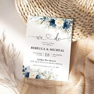 Navy Blue and White Roses Wedding Ceremony Invitation