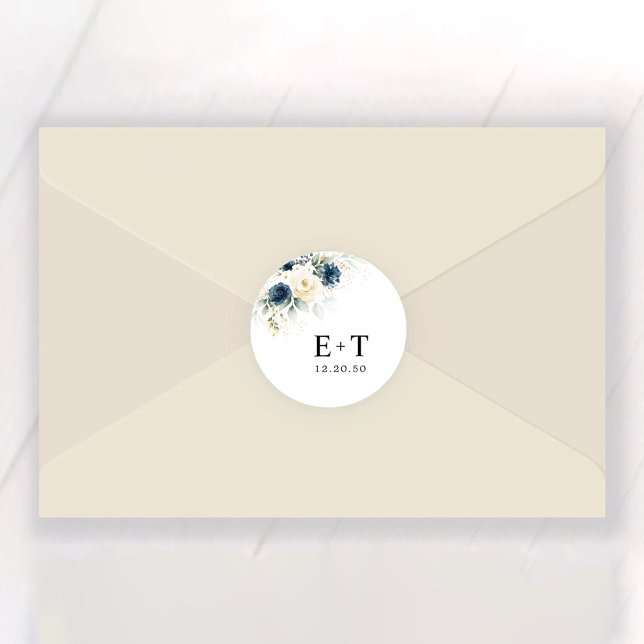 Navy Blue and White Roses Wedding Classic Round Sticker (Creator Uploaded)