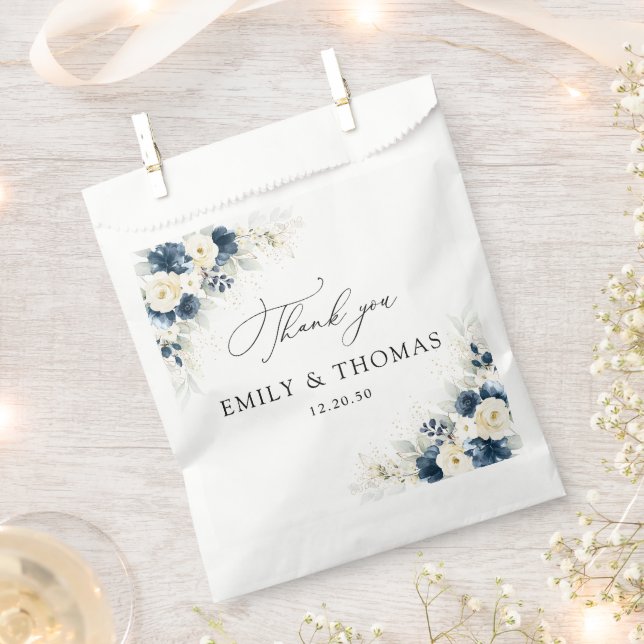 Navy Blue and White Roses Wedding Favor Bag (Clipped)