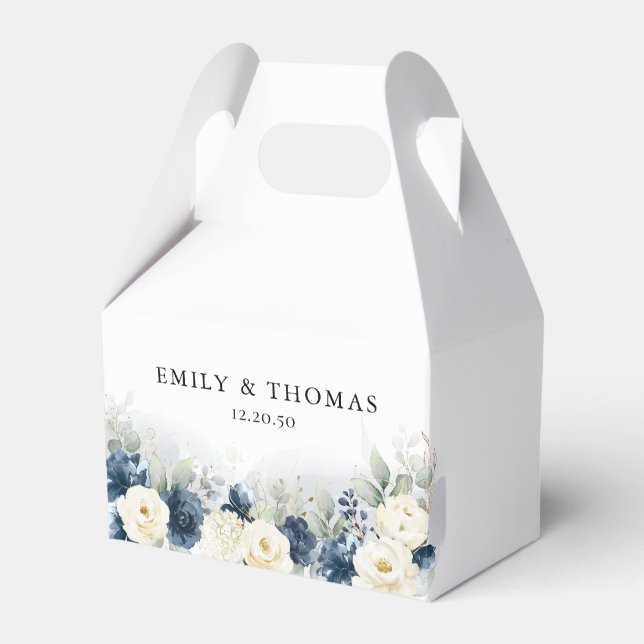 Navy Blue and White Roses Wedding Favor Box (Front Side)
