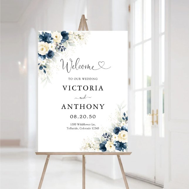 Navy Blue and White Roses Wedding  Foam Board (Creator Uploaded)