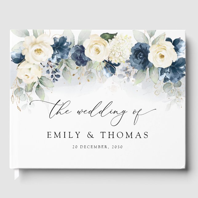 Navy Blue and White Roses Wedding Guest Book (Front)