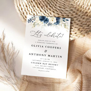 Navy Blue and White Roses Wedding Invitation