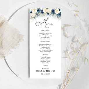 Navy Blue and White Roses Wedding Menu