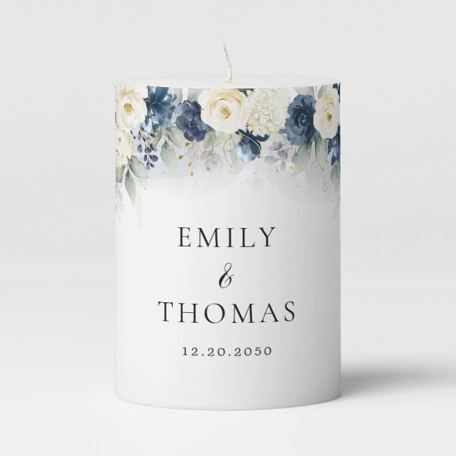 Navy Blue and White Roses Wedding Pillar Candle (Front)