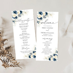 Navy Blue and White Roses Wedding Program
