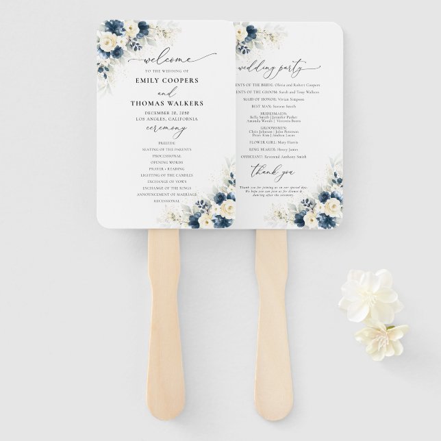 Navy Blue and White Roses Wedding Program Hand Fan (Front and Back)