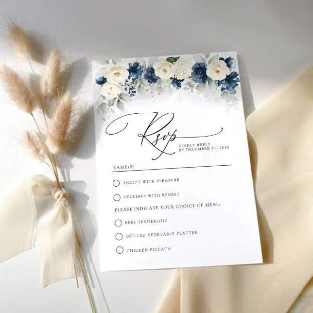 Navy Blue and White Roses Wedding RSVP Card (Creator Uploaded)