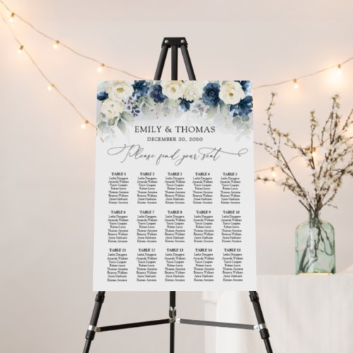 Navy Blue and White Roses Wedding Seating Chart Foam Board