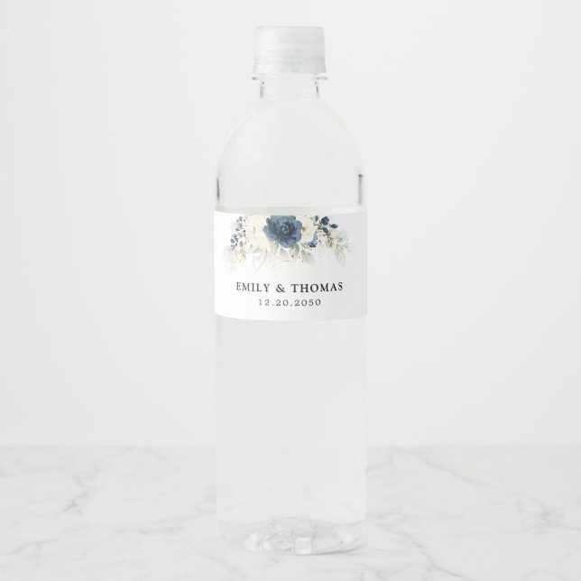 Navy Blue and White Roses Wedding Water Bottle Label (Front)