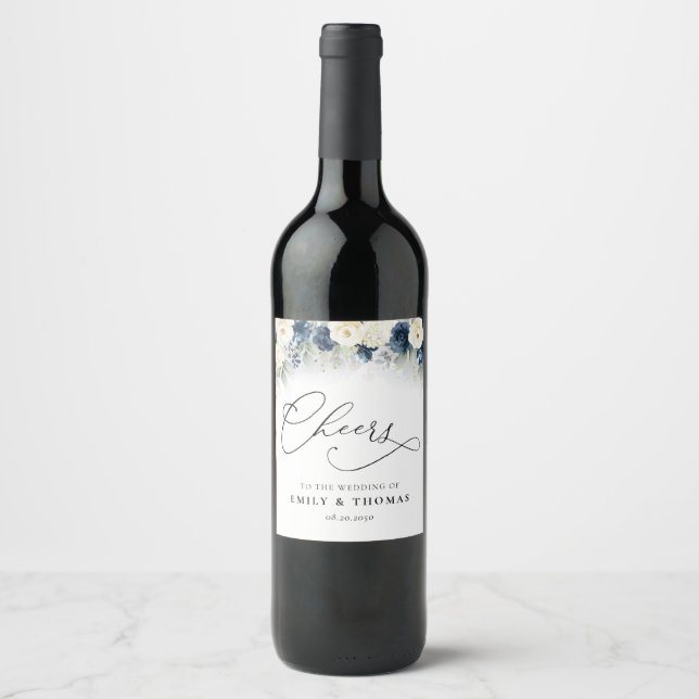 Navy Blue and White Roses Wedding Wine Label (Front)