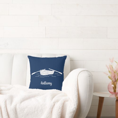 Navy Blue and White Rowboat Personalized Throw Pillow