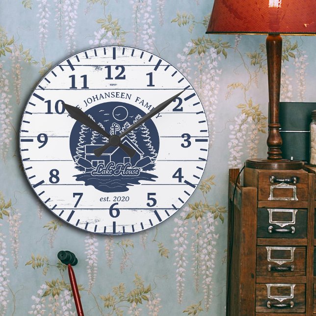 Navy Blue and White Rustic Wood Family Lake House Round Clock (Creator Uploaded)