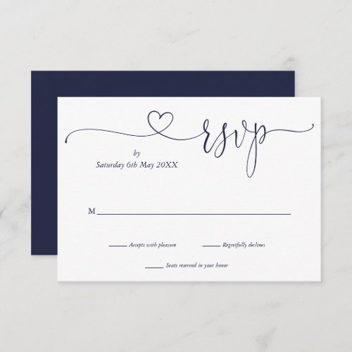 Navy Blue And White Script Heart  RSVP Card