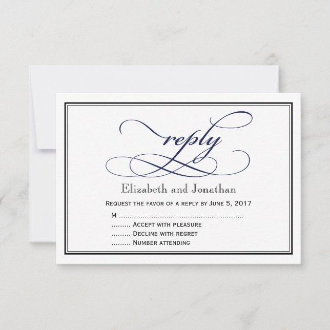 Navy Blue and White Script Wedding Reply Card (Front)