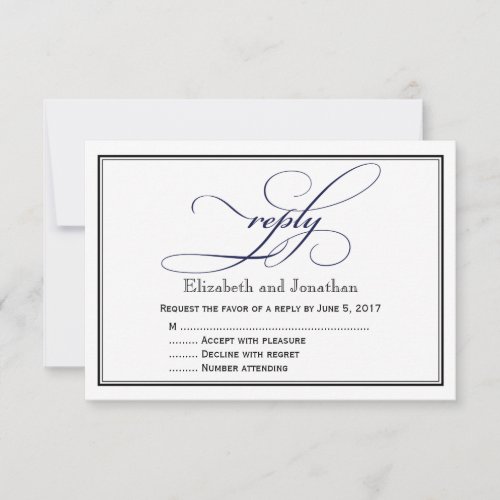 Navy Blue and White Script Wedding Reply Card