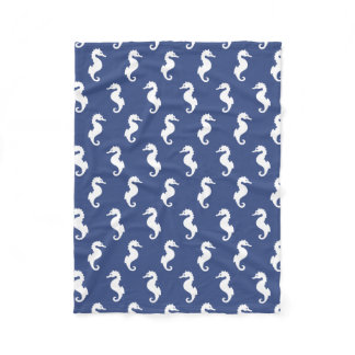 Navy Blue And White Seahorse Pattern Fleece Blanket