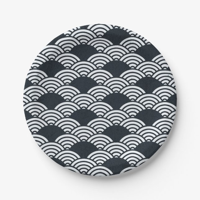 Navy blue and white Seigaiha waves pattern Paper Plates (Front)