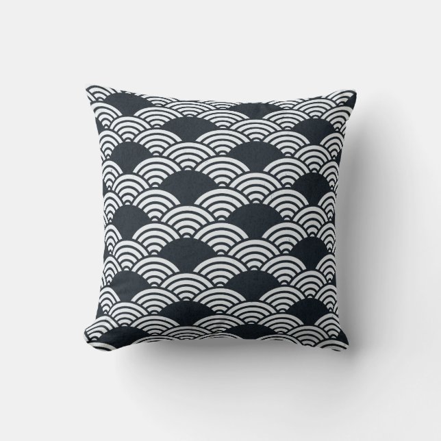Navy blue and white Seigaiha waves pattern Throw Pillow (Front)