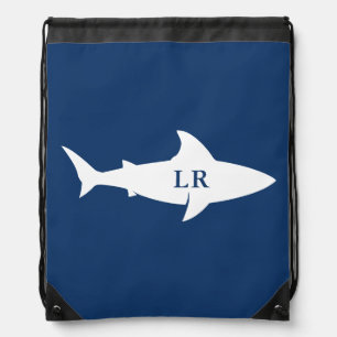 Navy Blue and White Shark Drawstring Backpack