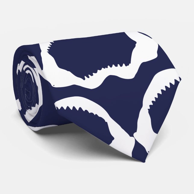 Navy Blue and White Shark Jaw Skeleton Neck Tie (Rolled)