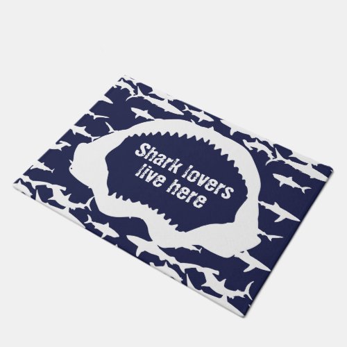 Navy Blue and White Shark Jaws and Teeth Print Doormat