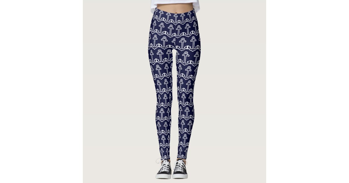 Navy Blue and White Ship Anchor Patterned Leggings | Zazzle