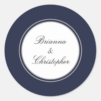 Navy Blue And White Simple Elegant Wedding Classic Round Sticker by Oasis_Landing at Zazzle