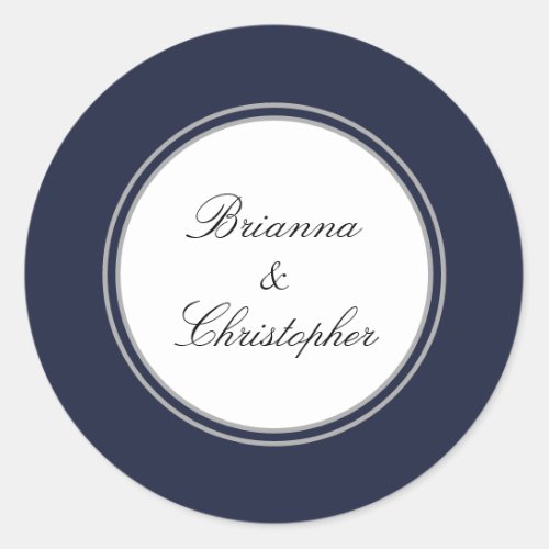 Navy Blue and White Simple Elegant Wedding Classic Round Sticker