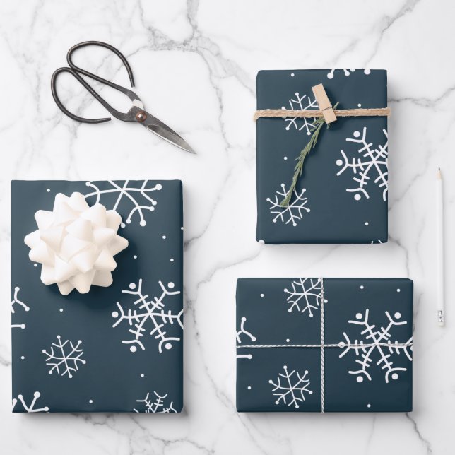 Navy Blue and White Snowflakes  Wrapping Paper Sheets (Front)