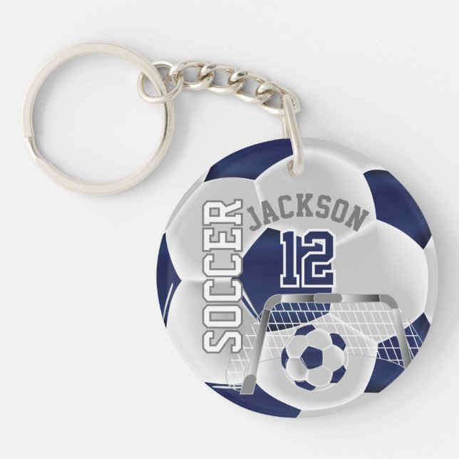 Navy Blue and White Soccer ⚽ Ball   Keychain (Front)