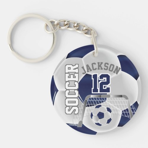 Navy Blue and White Soccer  Ball   Keychain