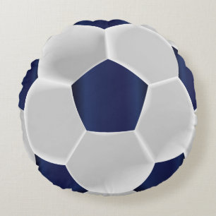 Navy Blue and White Soccer Ball Round Pillow