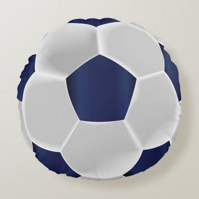 Navy Blue and White Soccer Ball Round Pillow (Front)