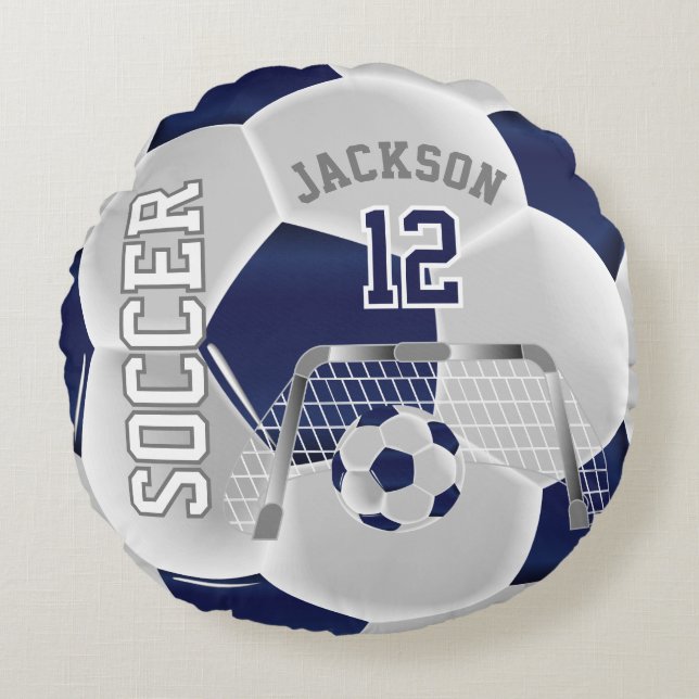 Navy Blue and White Soccer | DIY Name Round Pillow (Front)