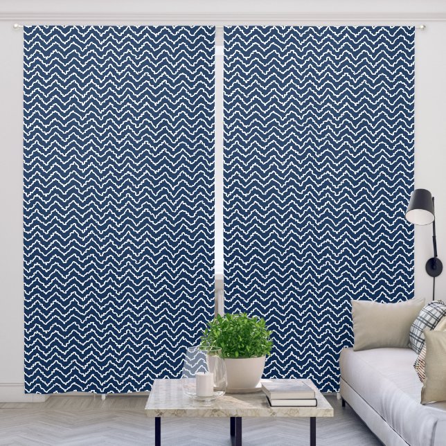 Navy Blue And White Squiggly Chevron Pattern Blackout Curtains (Living Room)