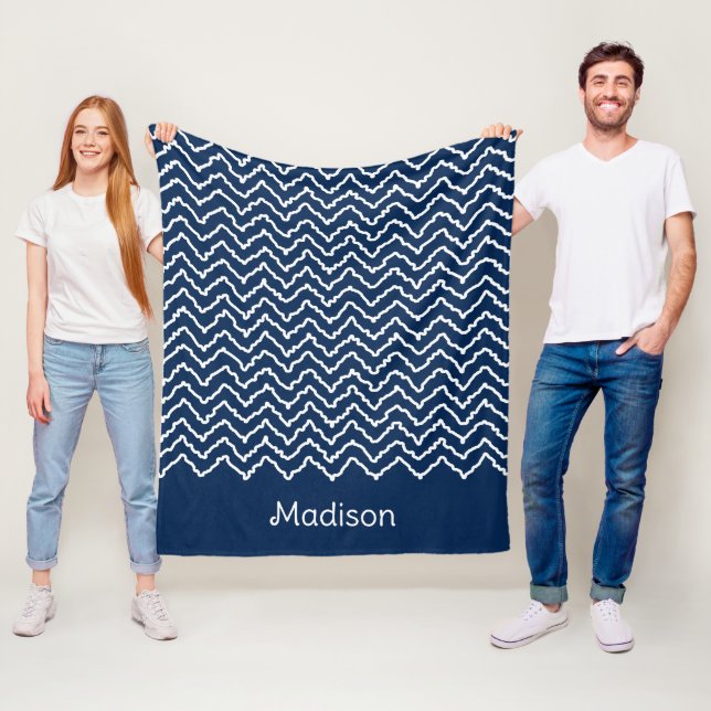 Navy Blue And White Squiggly Chevron Pattern Fleece Blanket (In Situ)