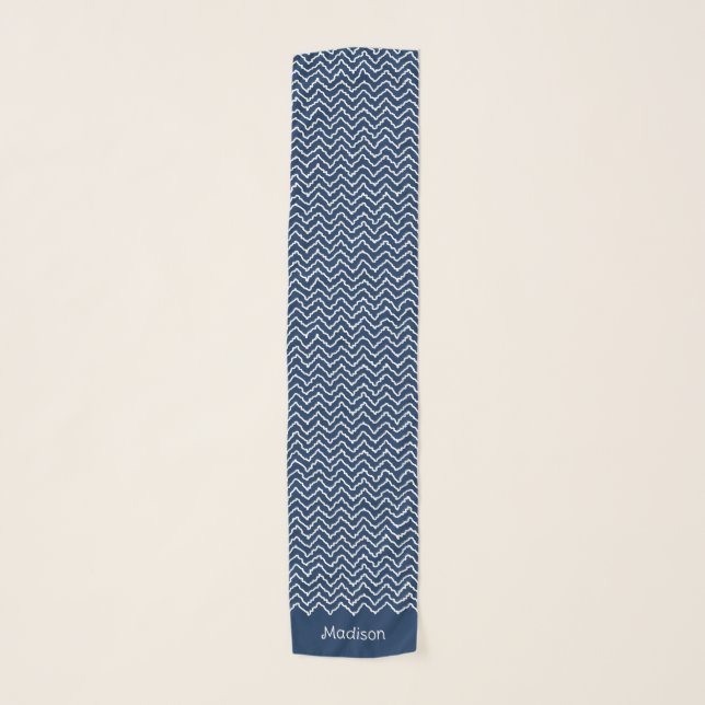 Navy Blue And White Squiggly Chevron Pattern Scarf (Front)