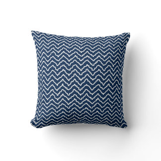 Navy Blue And White Squiggly Chevron Pattern Throw Pillow