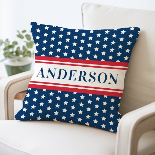 Navy Blue and White Star Personalized Patriotic Throw Pillow